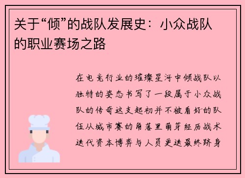 关于“倾”的战队发展史：小众战队的职业赛场之路