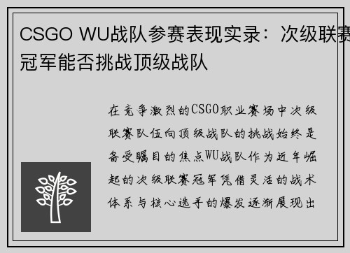 CSGO WU战队参赛表现实录：次级联赛冠军能否挑战顶级战队